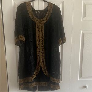 Briliante JA Silk Fully Beaded tunic dress Gold And‎ Black Dress Size L Vintage